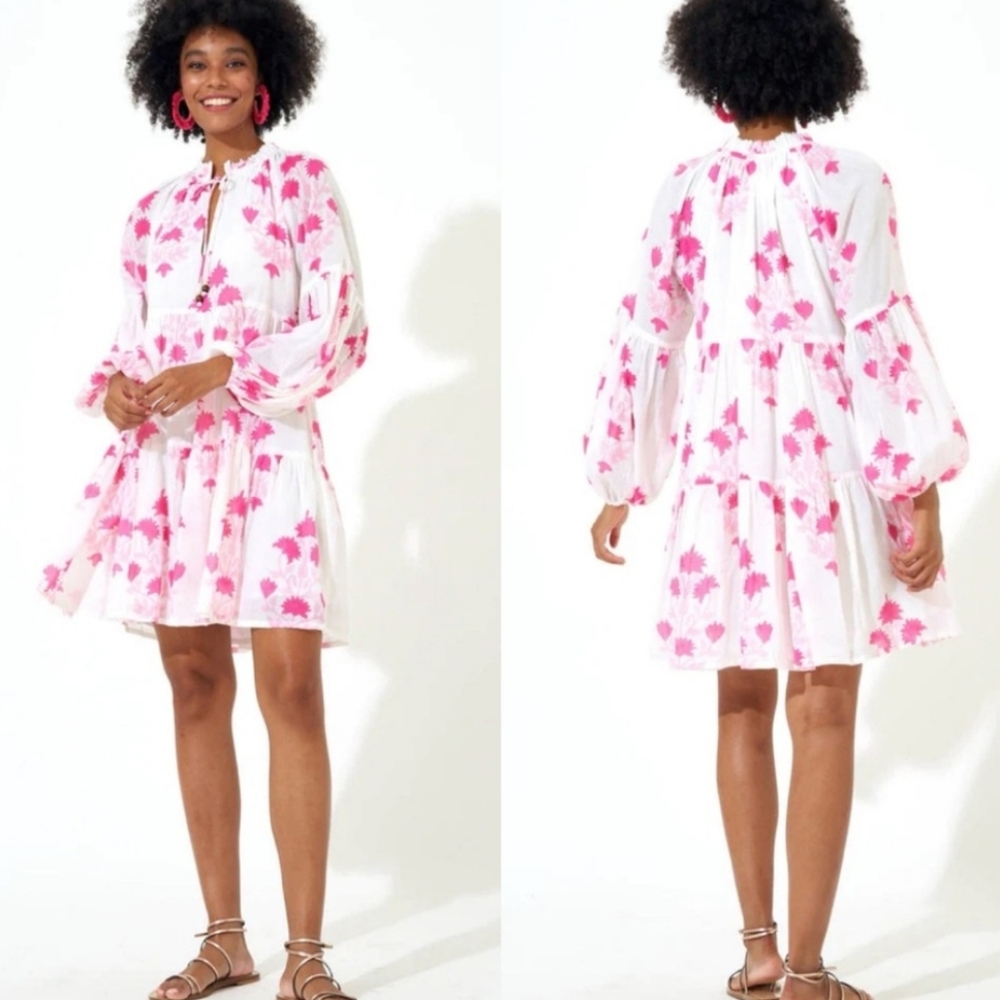 Oliphant Tuckernuck Pink Floral Balloon Sleeve Mini Dress - L